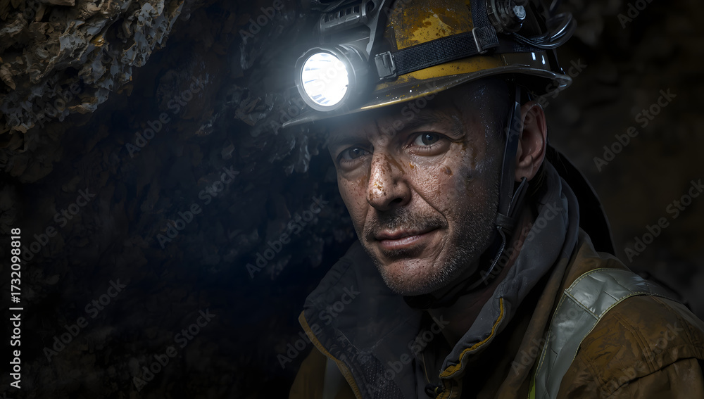 Fototapeta premium A miner with a headlamp smiles in a dark mine, wearing a yellow hard hat and work clothes.