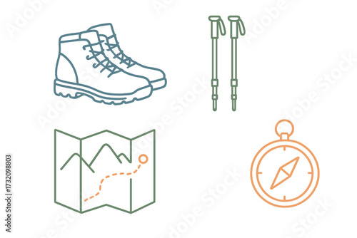 Essential outdoor adventure hiking equipment set with boots, trekking poles, map, and compass for wilderness exploration and navigation