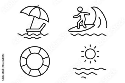 Summer beach vacation icon set. Line art collection with surfer on wave, sun, sea, lifebuoy for safety, and umbrella with chair for rest. Thin outline vector for web, app.