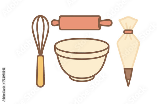 Essential baking tools for culinary projects, including a whisk, mixing bowl, rolling pin, and piping bag, arranged on a clean background