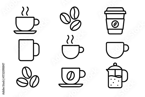 Coffee line icon set vector graphic. Simple outline symbols for cafe menu. Hot drink, beverage concept. Includes mug, espresso cup, beans, french press, to-go cup. Editable stroke.