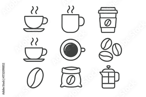 Coffee line icon set. Vector symbols for cafe and coffeehouse. Includes cup, mug, beans, french press, takeaway drink. Outline graphic elements for menu, web, logo design.