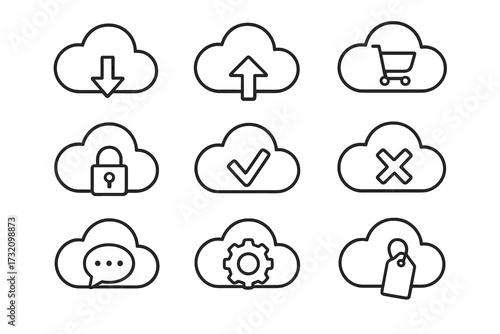 Cloud computing icon set. Line icons for web service, data storage, and security. Includes upload, download, settings, shopping cart, checkmark, lock. Editable stroke vector.