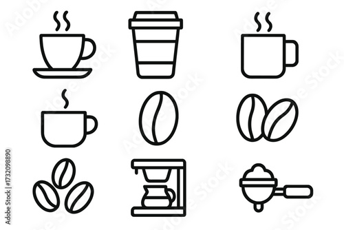 Coffee line icon set for cafe menu and coffee shop branding. Minimalist outline vector symbols including cup, mug, pot, maker, coffee beans, and portafilter for espresso.