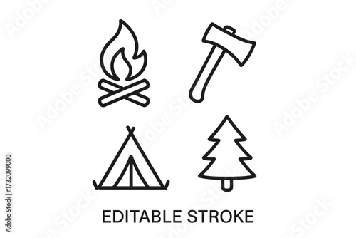 Camping icon set. Bonfire, axe, tent, tree outline collection. Editable stroke vector for infographics. Outdoor adventure, hiking, survival gear, and nature exploration symbols.