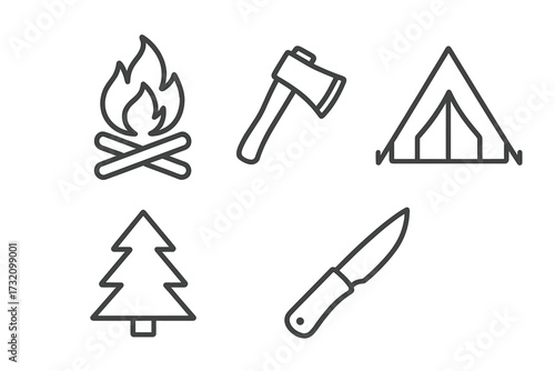 Camping and hiking outline icon set. Bonfire, axe, tent, tree, knife symbols. Outdoor adventure, travel, and survival equipment concept. Linear pictogram collection vector.