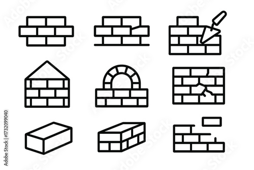 Brick wall construction icon set. Modern outline style vector icons for building, masonry, and architecture. Includes trowel, arch, cracked wall, and house symbols for design.