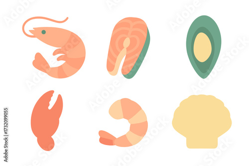 Variety of fresh seafood including whole shrimp, salmon steak, mussel, crab claw, peeled shrimp, and scallop shell