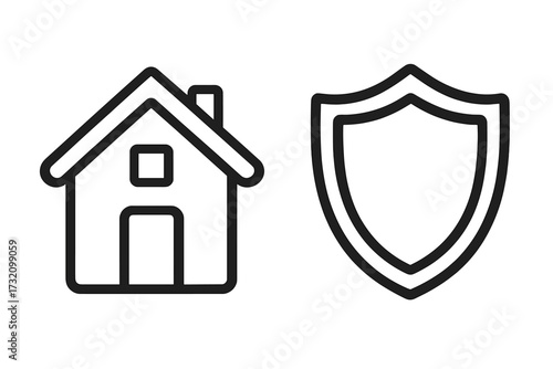 House and shield linear icon. Home security, property protection, safety concept. Real estate insurance logo. Vector symbol for secure guarding, family safety, app and web.