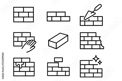 Brick wall construction line icon set. Vector bundle of building and masonry symbols. Bricklaying, repair, renovation, and home improvement outline signs for web and apps.