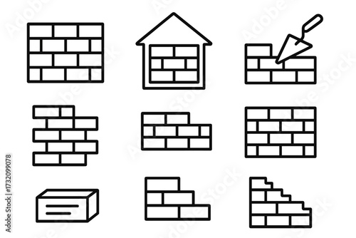 Brick wall construction line icon set. Building and masonry vector symbols. House building, brickwork, trowel, and foundation outline signs for web design and graphic elements.