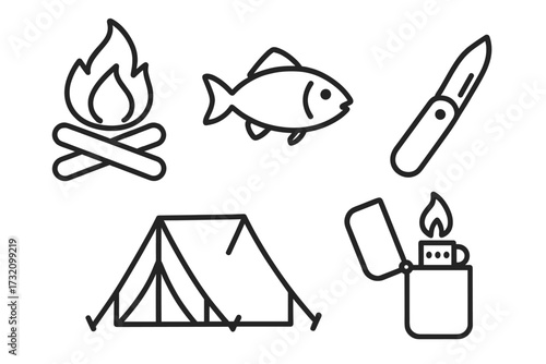 Camping icon set for outdoor adventure and travel. Collection of isolated line icons. Bonfire, fish, folding knife, tent, lighter. Survival and hiking equipment symbols.
