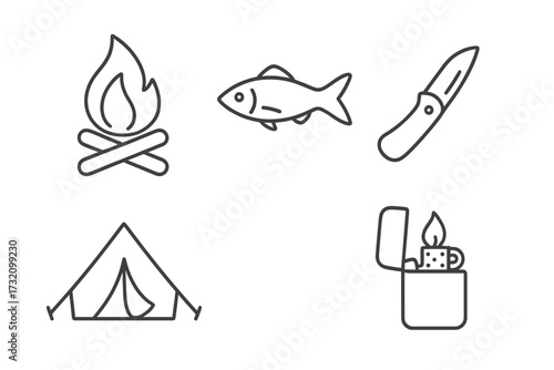 Camping & hiking line icon set. Outdoor adventure travel symbols. Isolated vector icons of bonfire, fish, folding knife, tent, lighter for web, UI, UX and mobile app design.