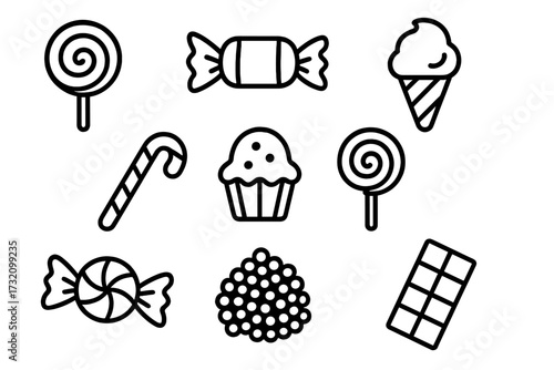 Candy and sweets simple line icon set. Collection of minimalist dessert symbols like lollipop, chocolate bar, ice cream, and cupcake. Editable stroke vector illustration.
