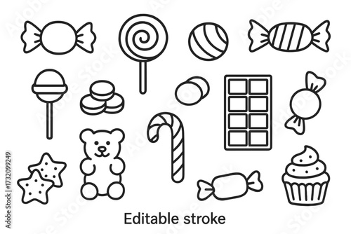 Candy and sweets simple line icon collection. Confectionery and dessert outline symbols. Vector set includes lollipop, chocolate, cupcake, and gummy bear. Editable stroke.