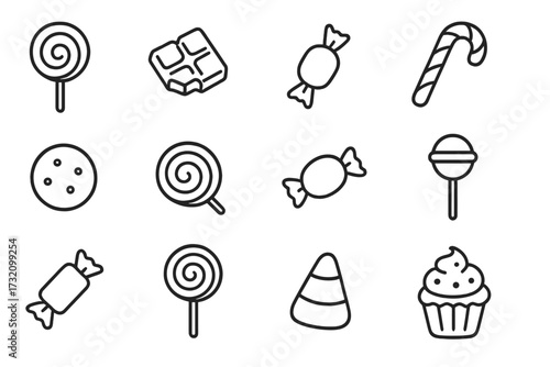 Candy and sweets simple line icon collection. Editable stroke vector set for design. Minimalist dessert outline symbols like lollipop, chocolate bar, candy cane and cupcake.