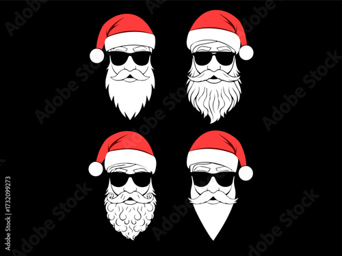 Cool Santa Claus faces with sunglasses and stylish beards, hipster Christmas character illustration set, modern trendy Santa design for holiday cards, t-shirt prints, posters, and festive decoration