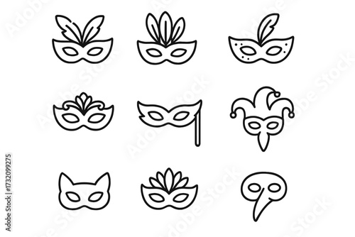 Carnival mask thin line icon collection. Masquerade party vector set for celebration. Venetian, Mardi Gras, and festival symbols like jester, feather, and cat masks.