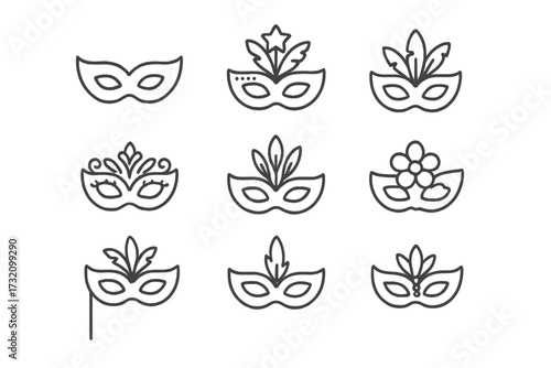 Carnival mask thin line icon set. Vector collection of masquerade party masks with feathers and decorations. Editable stroke symbols for festival, celebration, or Mardi Gras.
