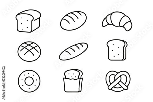 Bread and bakery thin line icon collection. Vector graphic set of food symbols. Loaf, toast, croissant, baguette, bun, and pretzel pictogram for UI, UX, web design and apps.