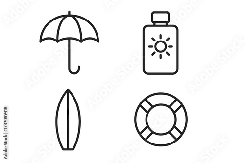 Vector line icon set for summer and beach holidays. Minimalist pictograms of umbrella, sunscreen, surfboard, lifebuoy for web, apps and infographics. Sun safety concept.