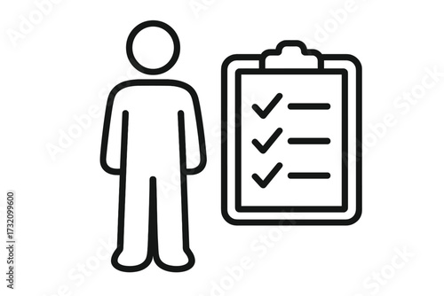 Checklist and person line icon. Task management. Employee evaluation, candidate review. Successful completion of work. Compliance, inspection, planning, survey vector illustration.