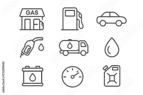 Gas station line icon set. Fuel pump, gasoline, car, oil can. Transport and energy industry concept. Petrol station, fuel tanker, gauge and jerrycan vector pictograms.