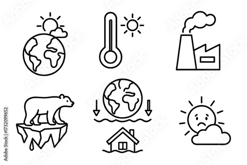 Climate change line icons set. Global warming concept. Planet pollution, temperature rise, sea level flood, melting glacier. Factory emission, polar bear on iceberg. Vector.