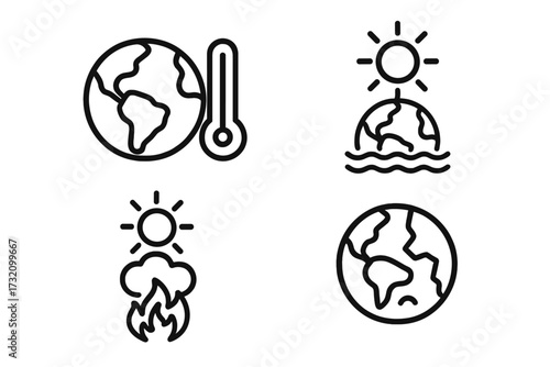 Global warming and climate change vector icon set. Planet Earth suffers from heat, fire, and rising sea levels. Environmental disaster, ecology concepts outline symbols.