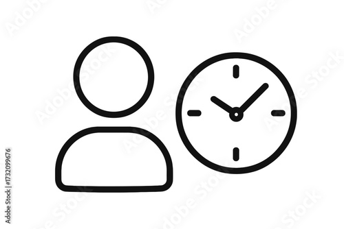 User time management outline icon. Person profile with clock symbol. Waiting time, appointment schedule, and project deadline concept. History, duration, and work time tracking vector