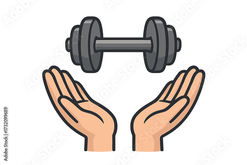 Hands holding dumbbell vector icon. Concept of health, fitness, gym, and sport. Weightlifting and workout symbol. Care and support for a healthy lifestyle. Cartoon graphic.