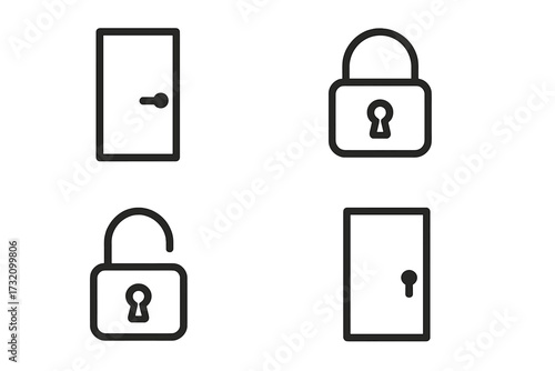 Lock and door line icon set. Padlock, keyhole, open, and closed signs. Vector symbols for security, access, and protection concepts. Outline graphic for web, ui, app.