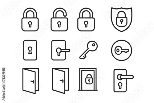 Lock line icon set. Key, padlock, and door outline symbols for security and access concepts. Vector graphic elements for web design, app interface, UI, UX, and privacy.