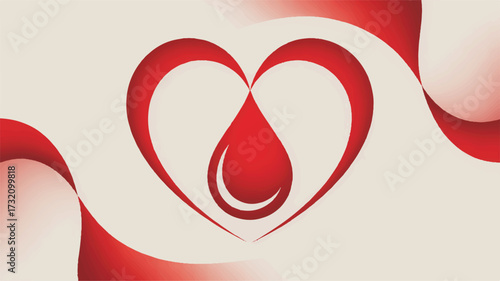 Stylized Red Heart with a Blood Drop Inside on a Cream Background with Flowing Red Ribbons vector illustration