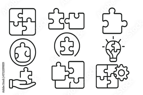 Puzzle line icon set for business strategy and creative solutions. Jigsaw pieces for concepts like teamwork, partnership, problem-solving, innovation, and brainstorming ideas.