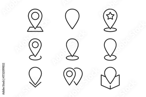 Map pin line icon pack. Location marker, navigation pointer, and GPS destination signs. Vector outline symbols for web design, apps, and graphic elements. Geotag set.
