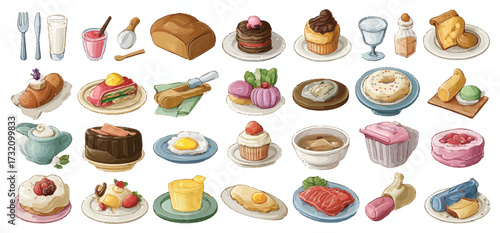 Colorful Assortment of Desserts and Food Items Illustration Perfect for Cookbook or Cafe Menu Design