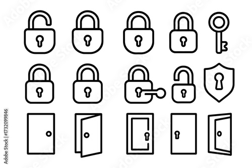 Lock line icon set. Door and padlock outline signs. Security, safety, privacy vector pictogram collection. Thin line icons for graphic design, web, app, access control, unlock.
