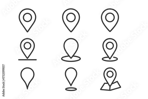 Map pin line icon set. Location marker and pointer symbols for navigation. Simple outline vector signs for web design, apps, and GPS. Destination and place graphic collection.