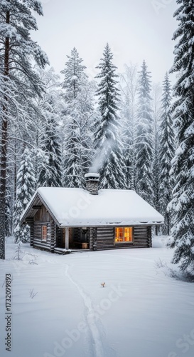 Cozy Wooden Cabin in a Snow-Covered Winter Forest with Warm Light.