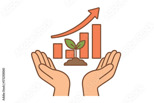Business growth and sustainable development concept. Hands holding a growing plant and chart. Metaphor for ESG investment, financial success, profit, and economic care. Vector