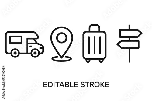 Travel and road trip icon set. Motorhome, map pin, baggage, direction pointer collection. Thin line vector icons for navigation, vacation and adventure. Editable stroke symbols.