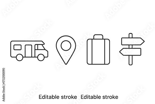 Travel and navigation icon set with motorhome, map pin, baggage, and direction pointer. Thin line vector icons for road trip, vacation, camping, and location concepts. Editable stroke.