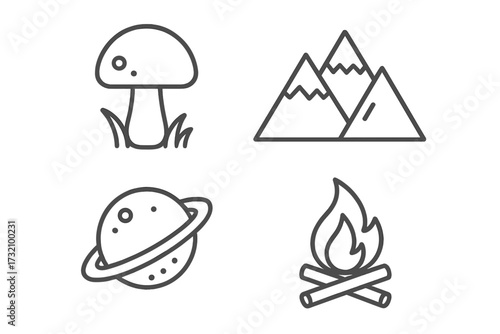 Adventure and nature icon set. Thin line vector icons collection. Mushroom, mountain, saturn planet, bonfire. Minimalist outline symbols for camping, hiking, travel, space.