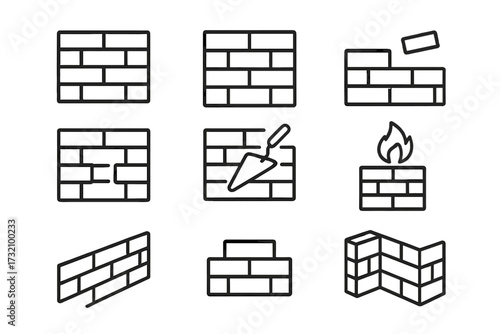 Brick wall line icon set. Construction and building vector signs. Outline pictograms for masonry, repair, firewall, brickwork, trowel. For web design, apps, ui, ux.