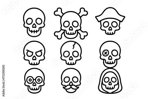 Set of skull line icons. Vector illustration pack for web design, apps, and graphics. Includes pirate, grim reaper, jolly roger, and various character emoticons. Danger sign.