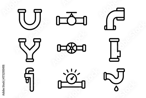 Pipe and plumbing line icon set. Vector collection of tube, valve, fitting, wrench, and pressure gauge symbols. Waterworks, pipeline, and leakage concepts for web and apps.