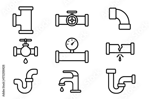 Plumbing icon set, pipe system elements. Line art vector icons. Water pipe, valve, faucet, drain, leak, pressure gauge. Sanitary engineering, pipeline construction symbols.