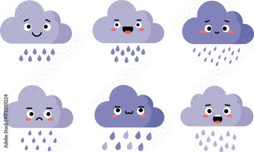 Cute Cartoon Clouds with Different Emotions Raining