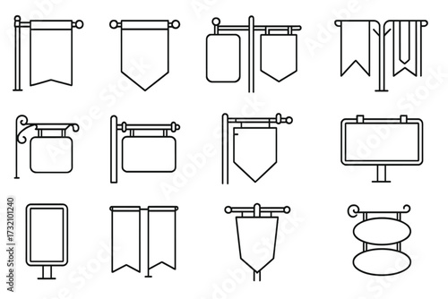 Street banner and sign line icon set. Vector collection of outline advertising signs, flags, and billboards for web and graphic design. Blank templates and mockups for promotion.
